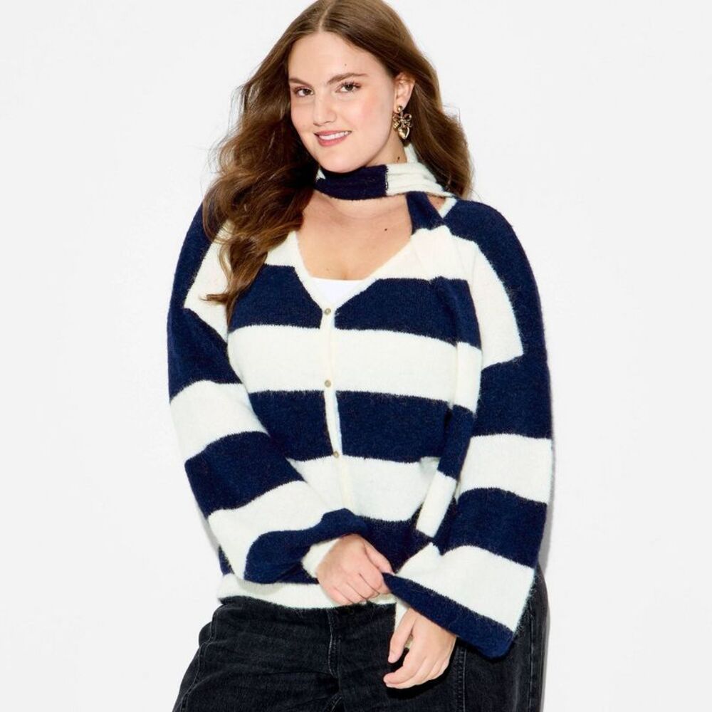 Women's Long Sleeve V-Neck Cardigan - Wild Fable Navy Blue Striped XXL